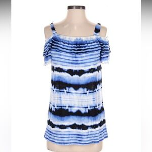 INC International Concepts Blue and White Ruffled Cold Shoulder Top